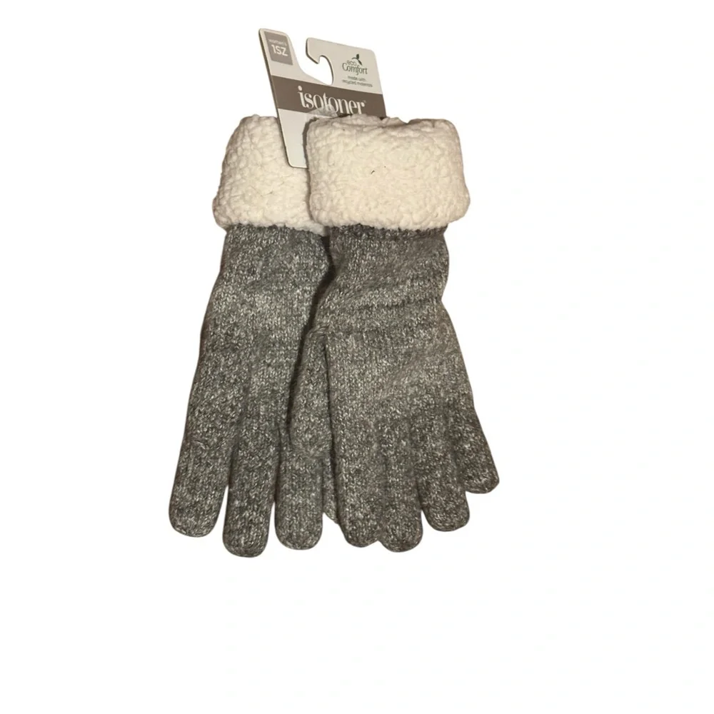 NWT Isotoner Women’s‎ Thick Knit Gloves with Faux Sherpa Trim Winter Warm Soft - Picture 2 of 5